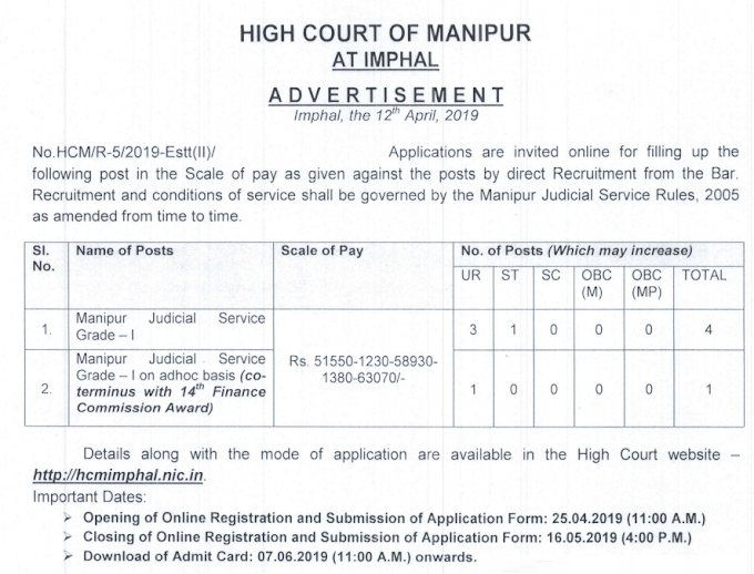 Post of Manipur Judicial Service Grade I at High Court of Manipur - last date 16/05/2019