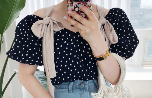  Ribbon Strap Polka Dot Blouse