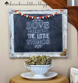 Love the Little Things quote on vintage frame chalkboard with mini bunting