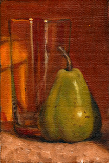 Oil painting of a green pear beside a cider glass with an orange background.