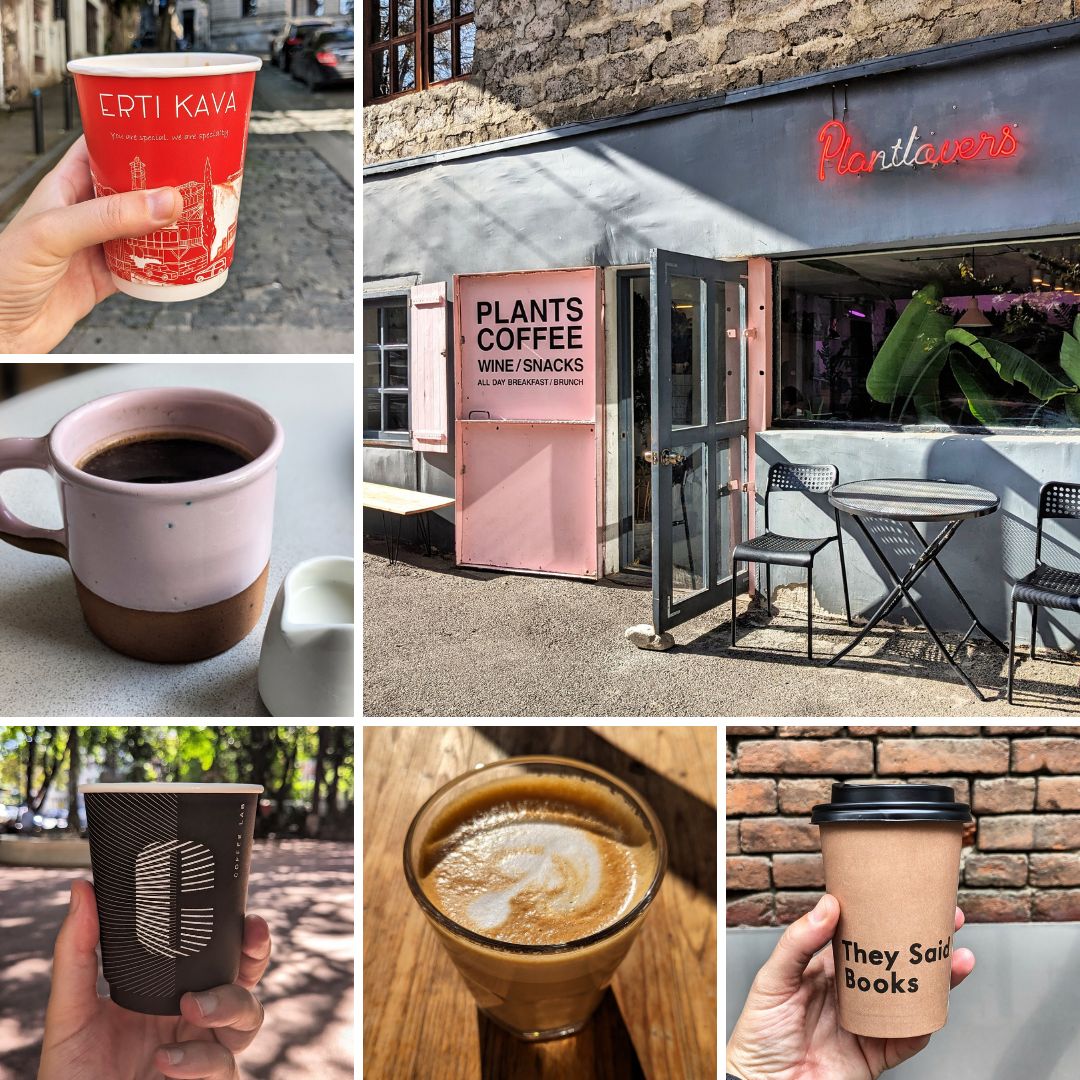 A montage image depicting the best cafes in Tbilisi. The image shows various cups of coffee throughout the city and the front of a store called Plantlovers