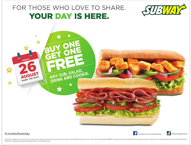 Subway - buy one & get one free |  Only for Today | August 2016 discount offer