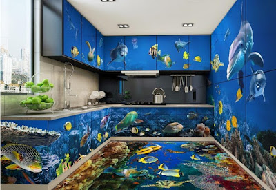 complete oceanic themed 3d design set of floor and cabinets for kitchen with flooring murals of fish and underwater life in 3d design