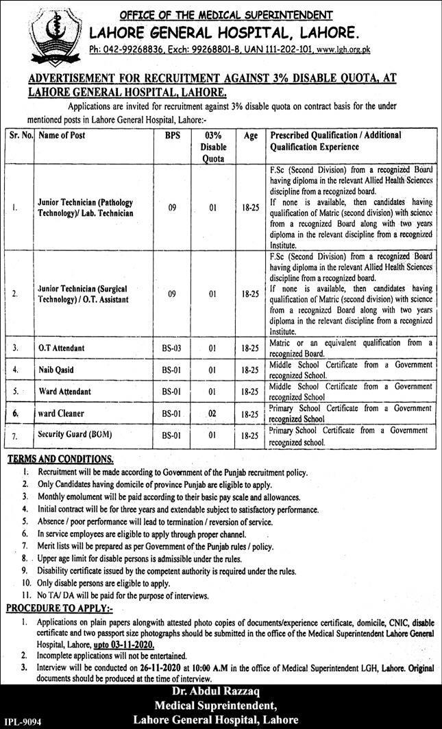 Lahore General Hospital Jobs October 2020