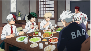 Shoto Todoroki, Izuku and Bakugo having dinned with Endeavor, and Shoto's siblings Natsuo and Fuyumi