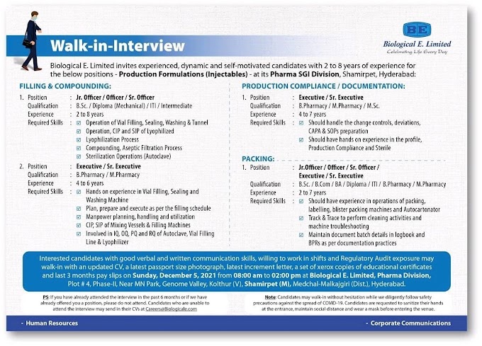 Biological E Limited - hiring packing, production compliance , Documentation, Filling & compounding department jobs for Experienced candidates in 2021.