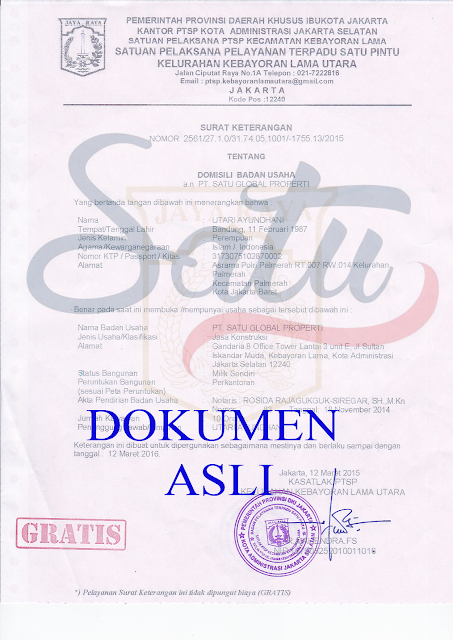 Surat Keterangan Domisili PT. Satu Global Properti