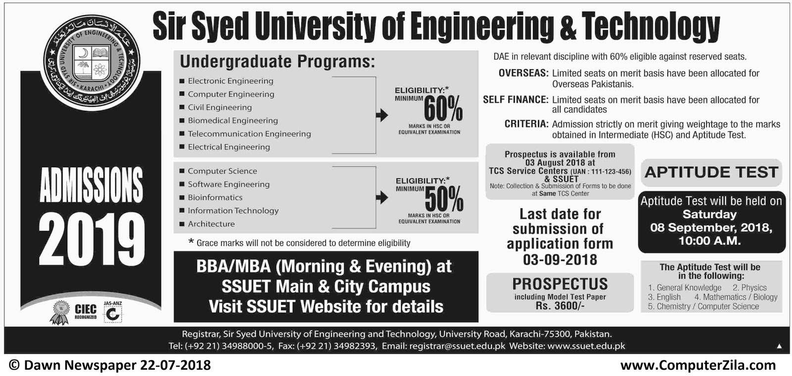 Admissions Open For Fall 2018 At SSUET Karachi Campus