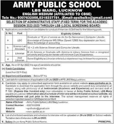 APS Lucknow Administrative Positions