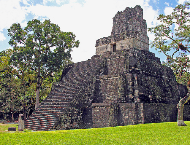 Temple II, (Temple of the Masks) forms the Great Plaza's west side at Tikal 