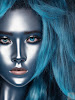 Bluish-silver skin, straw-like blue hair, and blue eyes. The colors harmonize in a futuristic style.