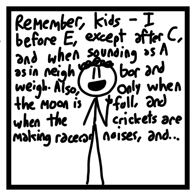 Grady is telling the reader, "Remember, kids - I before E, except after C, and when sounding as A as in neighbor and weigh. Also, only when the moon is full, and when the crickets are making racecar noises, and..."