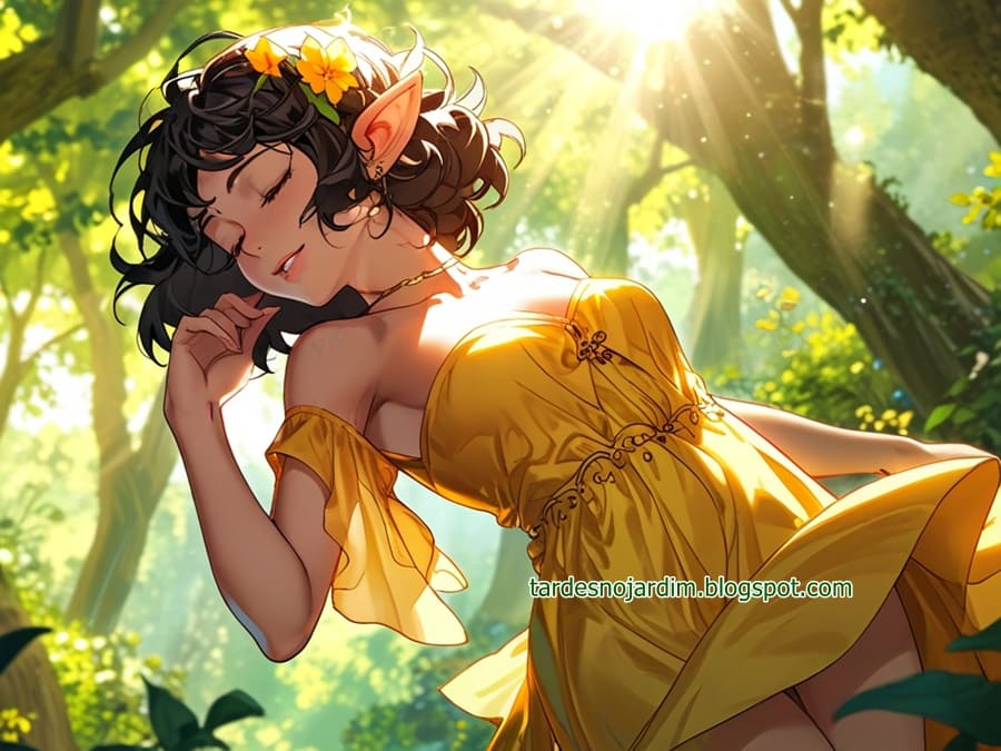 Elfa se banhando nos raios de sol no bosque