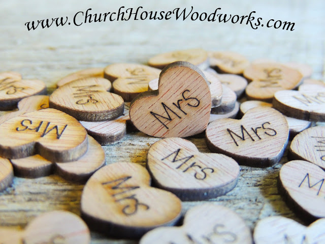 Church House Woodworks Rustic Wedding Wood Burned Hearts Bride Groom Mr Mrs Small Table Scatter Decorations Country Weddings Barn Weddings Western Weddings