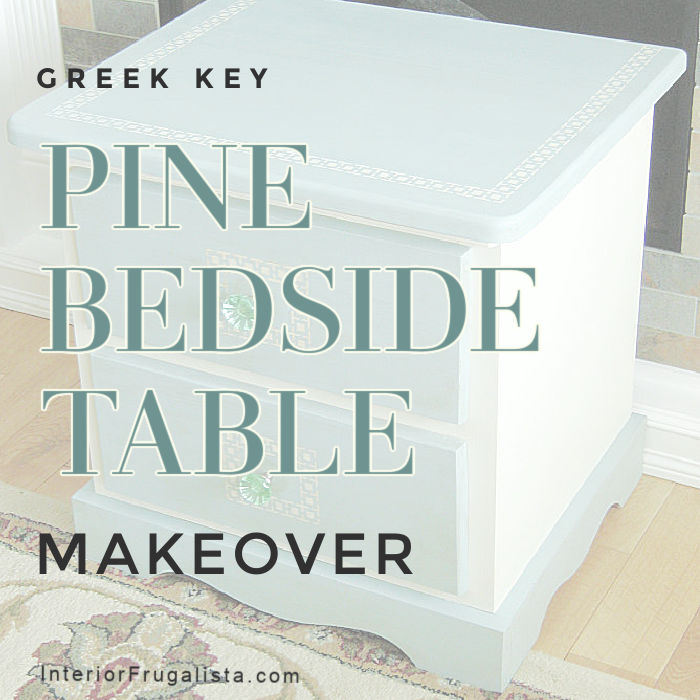 An easy pine bedside table makeover with paint and greek key stencil.