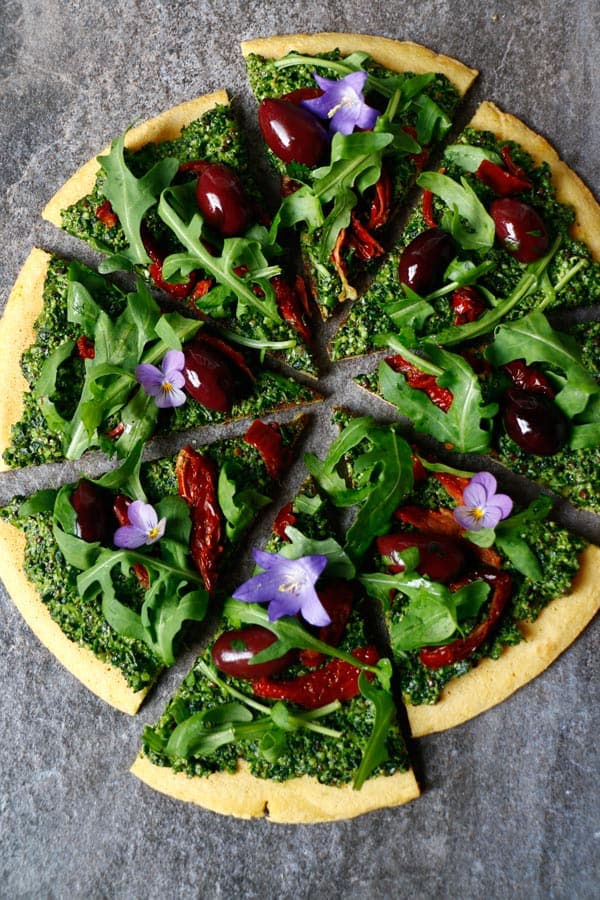 SOCCA PIZZA WITH HEMP AND PUMPKIN SEED KALE PESTO (GLUTEN-FREE & VEGAN)