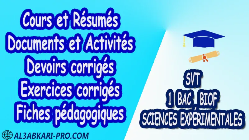 Sciences de la Vie et de la Terre SVT 1 ère Bac Sciences Expérimentales biof Cours résumé devoirs corrigés exercice corrigé Documents Activités Fiche pédagogique Devoir de semestre 1 Devoirs de semestre 2 Exercices corrigés