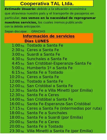 Horarios Colectivos Cooperativa TAL Ltda