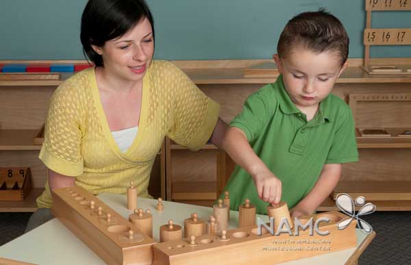 NAMC circle of inclusion emphasis on repetition. Child and teacher with Cylinder Blocks