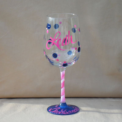 Hot Pink Navy Blue and White Polka Dot hand painted Wine Glass
