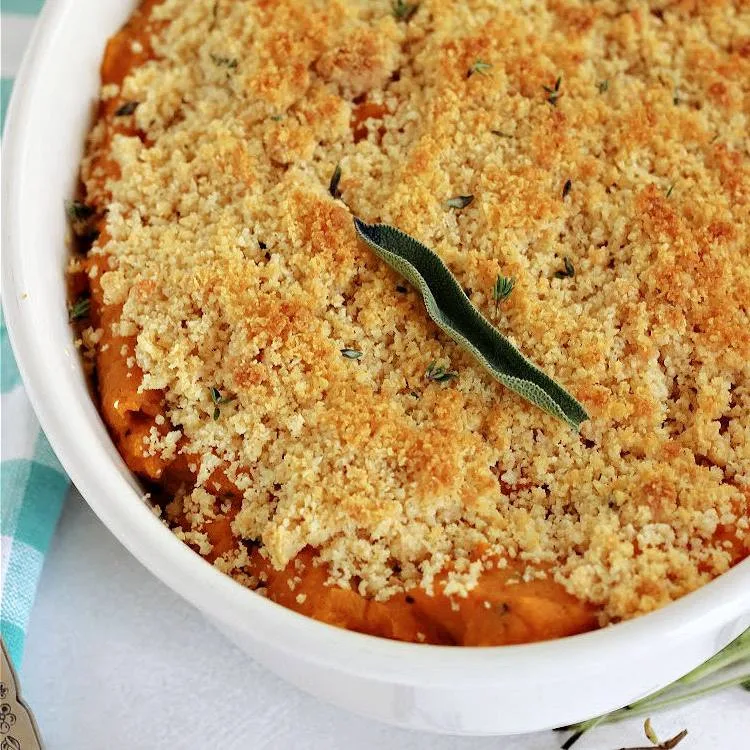 Easy Savory Sweet Potato Casserole in casserole dish ready to serve