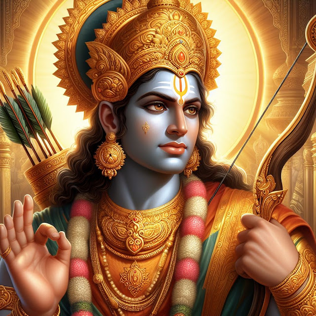 Lord Rama with a big golden crown, one hand in blessing, carrying a bow and arrow, looking attractive, with an even bigger sun in the background