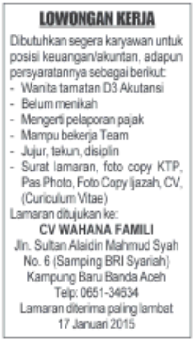 Lowongan Kerja CV. Wahana Famili