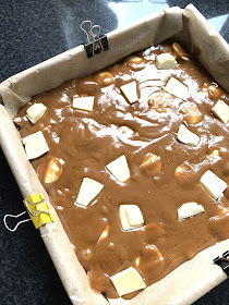 gooey caramel blondies studded with chunks of white chocolate