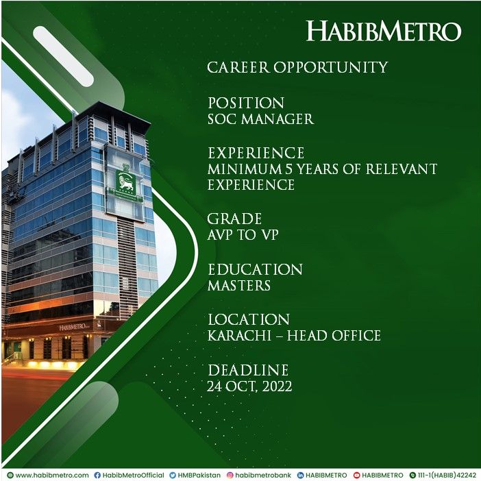 HABIB METRO BANK Jobs For Security Operations Center Managerthe