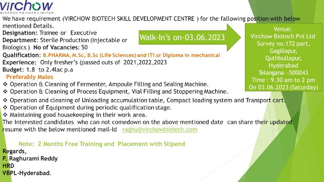 Virchow Biotech Walk in Interview For Only Fresher B Pharm/ MSc/ BSc LifeScience/ ITI/ Diploma - 50 Position