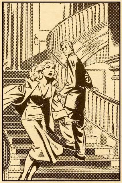 A woman with determined look on her face rushing down a mansion staircase past a man who turns to look at her