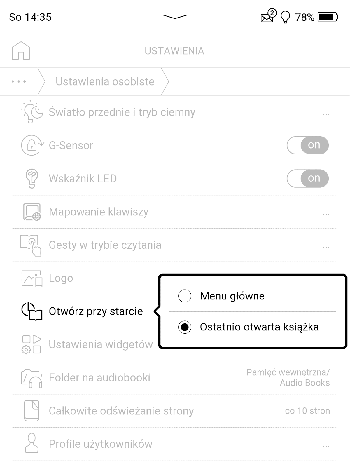 PocketBook InkPad 4 pozwala na automatyczne otwieranie przy starcie ostatnio czytanej książki