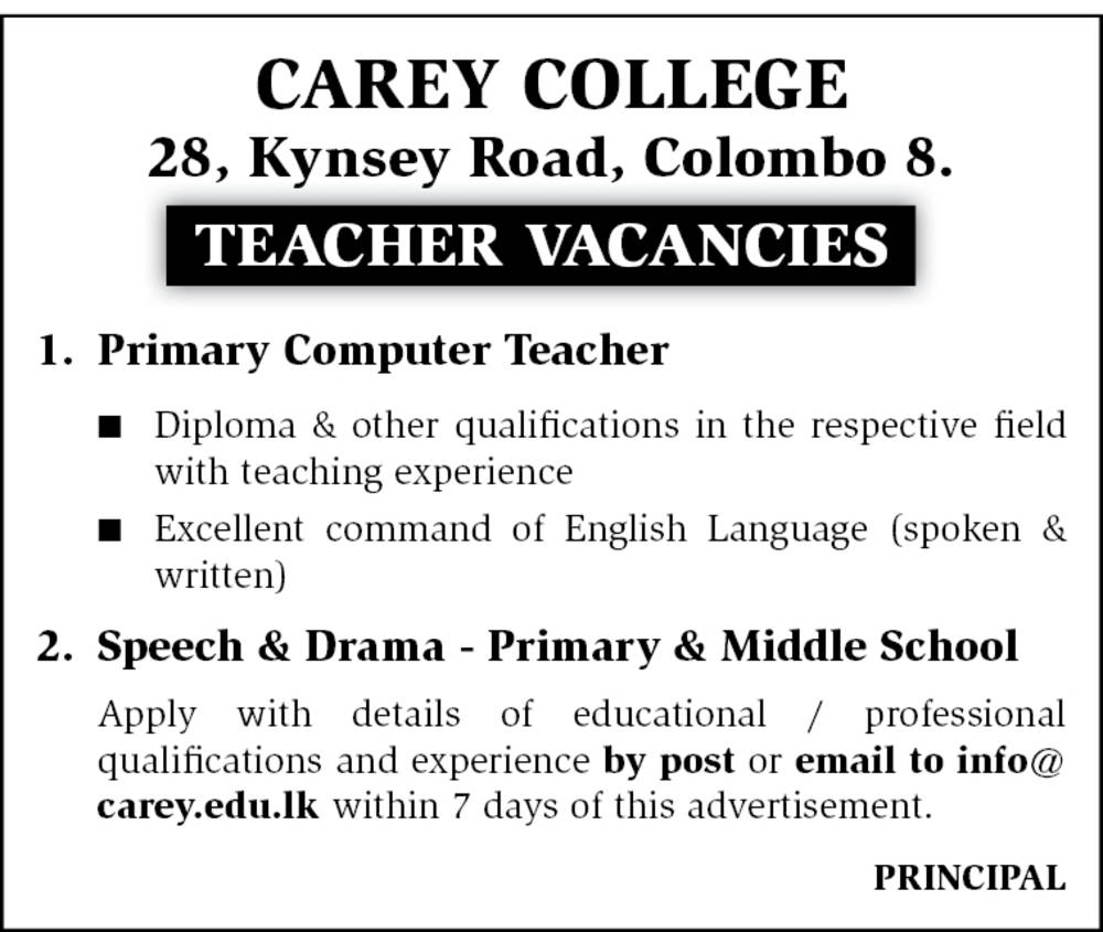 Vacancy in Carey Collage - Teachers