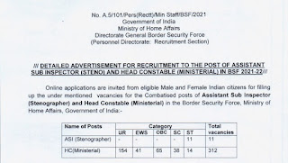 BSF Recruitment 2022 323 ASI (Steno) & HC (Min) Posts