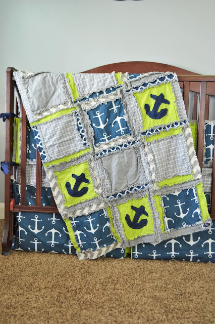 Nautical Baby Boy Crib Bedding in Navy Blue, Lime Green, and Grey