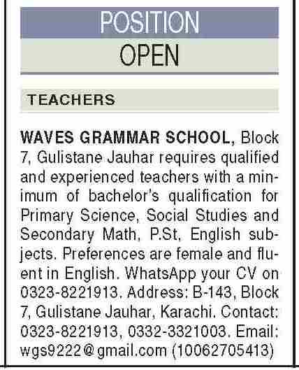 Latest Waves Grammar School Teaching Posts Karachi 2022