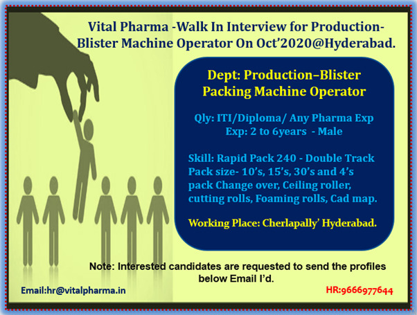 Vital Pharma | Walk-in interview for Production in Oct'2020 | Send CV to Get date