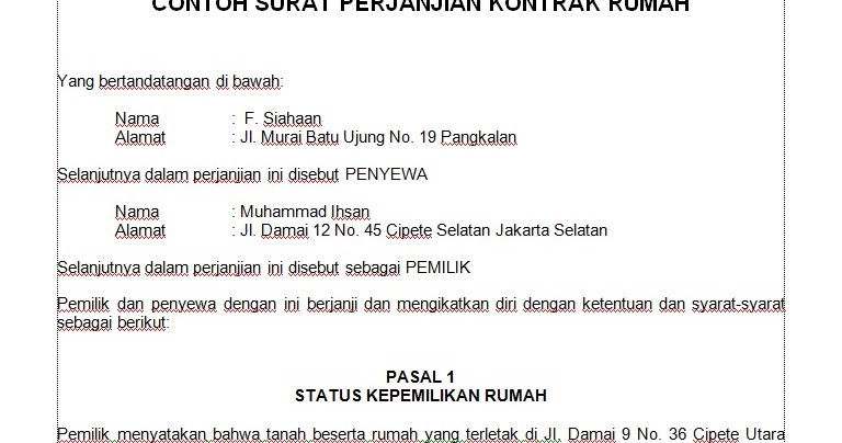 [.doc] CONTOH DRAFT SURAT PERJANJIAN SEWA (KONTRAK) RUMAH 