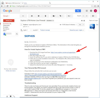 Correo electrónico recibido de SOPHOS con licencia y descarga