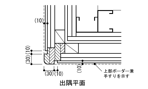 2-13-1　手すり兼用腰壁　軽量鉄骨壁下地の場合 出隅平面