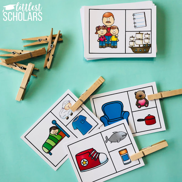 Use clothespins to indicate the rhyme on each card. These are a mix of fine motor and rhyming skills! 