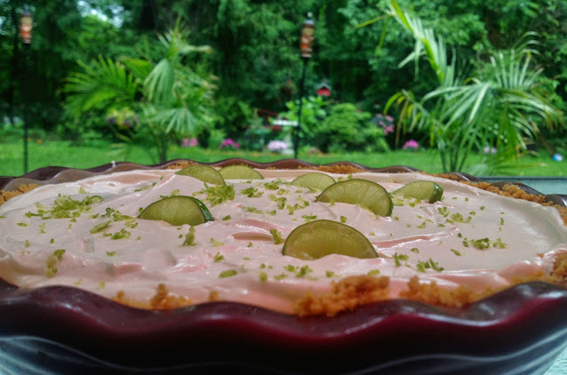 Homemade key lime pie on a table outside