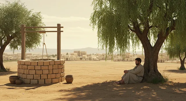 Under the willow at the well of Nazareth, Joseph, tired, sits and rests.