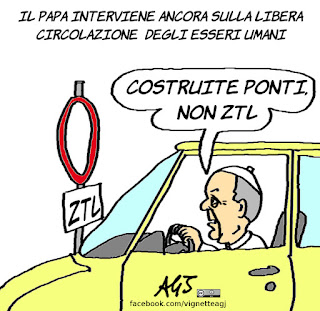 papa francesco, ztl, migranti, libertà, satira, vignetta