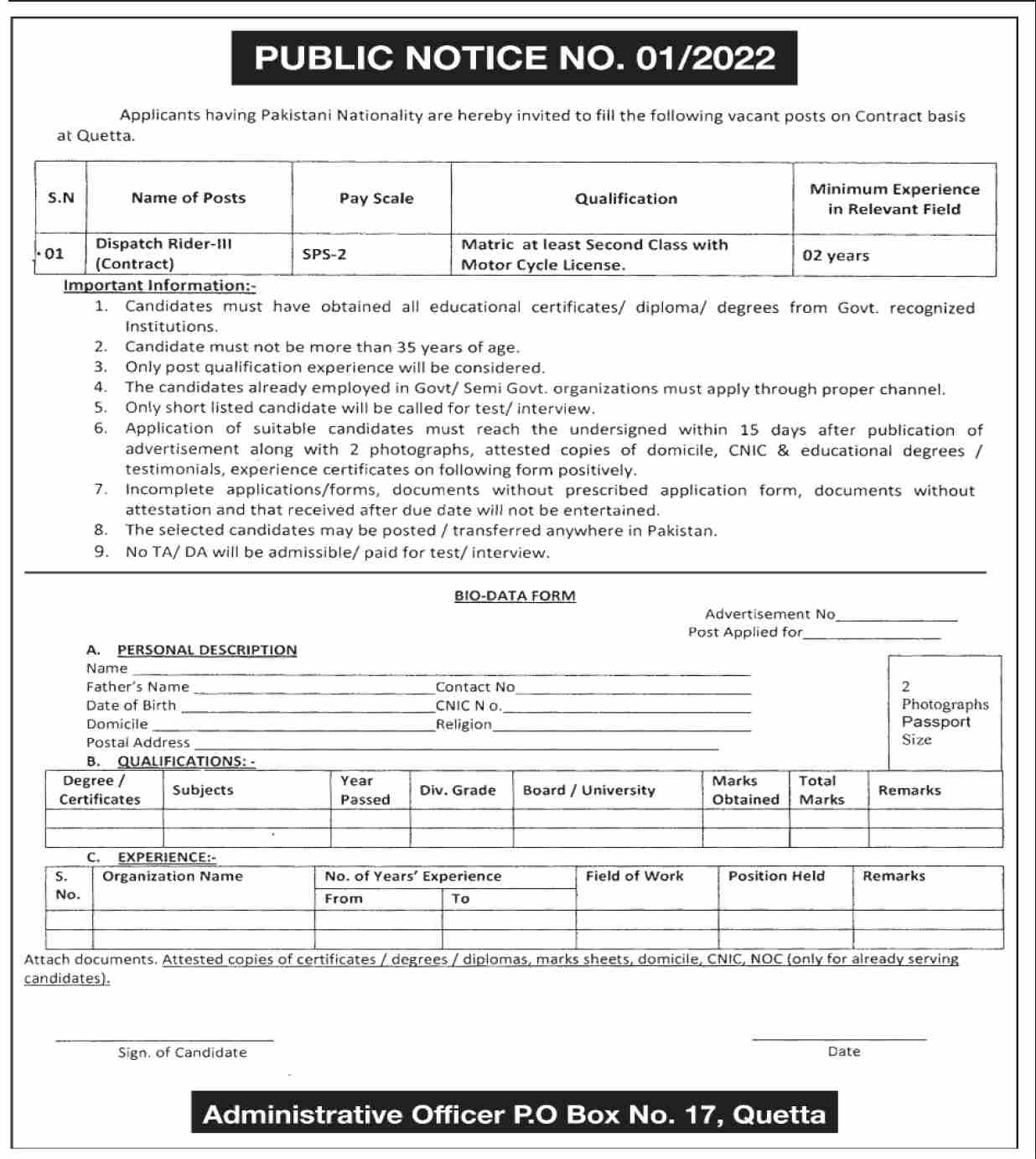 Latest Public Sector Organization Management Posts Quetta 2022