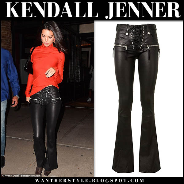 Kendall Jenner in black leather pants and red turtleneck top in NYC on  October 9 ~ I want her style - What celebrities wore and where to buy it.  Celebrity Style