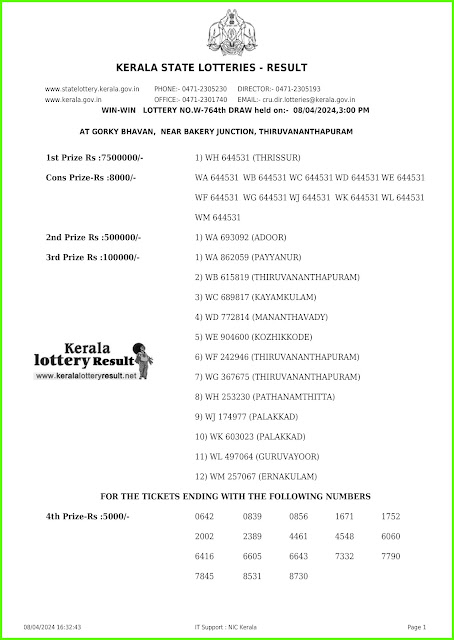 Off:> Kerala Lottery Result; 08.04.2024 Win Win Lottery Results Today "W-764'