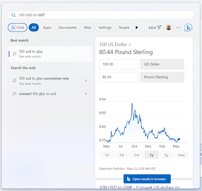 Convert Currency in Windows 11 Search