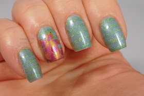 UberChic Beauty 15-02 over Zoya Amira, stamped with Hit The Bottle Lucky Spark, A Rose By Any Other Name, and To Have And To Gold