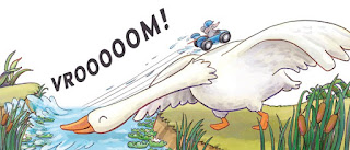 Image of the mouse in the blue racecar crossing a stream  by using the neck of a white goose as a ramp. 